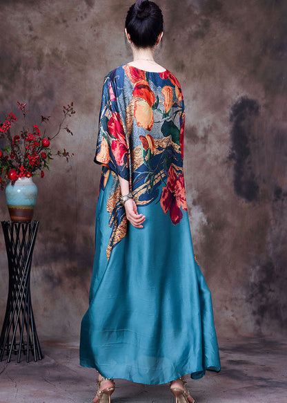 Blue O-neck Print Silk Long Dress Bracelet Sleeve