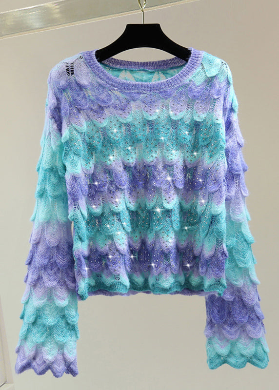 Blue O-neck Zippered Hollow Out Cotton Knit Sweater Flare Sleeve