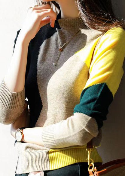 Blue Orange Patchwork Woolen Knit Sweaters Top Fall