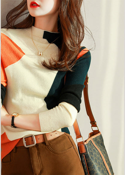 Blue Orange Patchwork Woolen Knit Sweaters Top Fall