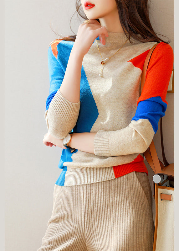 Blue Orange Patchwork Woolen Knit Sweaters Top Fall