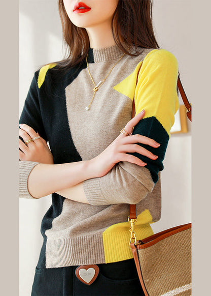 Blue Orange Patchwork Woolen Knit Sweaters Top Fall