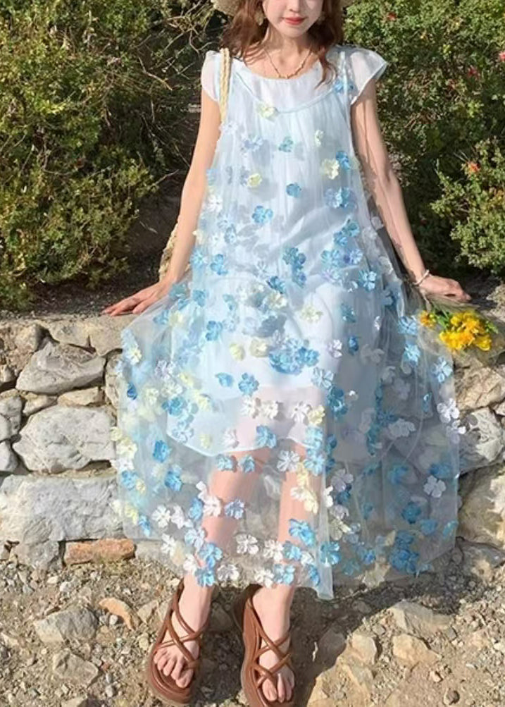 Blue Oversized Chiffon Long Dresses Two Piece Set Summer