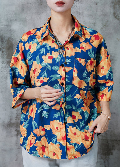 Blue Oversized Print Cotton Shirts Half Sleeve