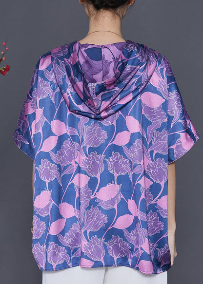 Blue Oversized Print Silk Shirt Blouse Summer