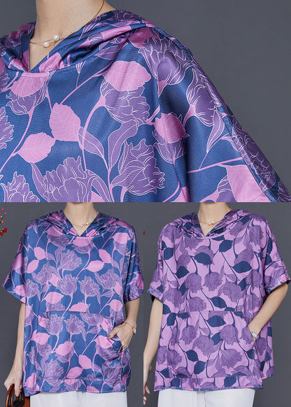 Blue Oversized Print Silk Shirt Blouse Summer