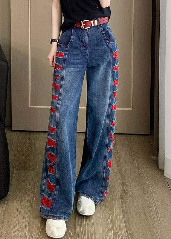 Blue Patchwork Hole Wide Leg Jeans Spring