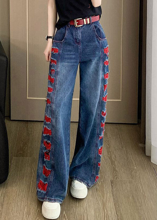 Blue Patchwork Hole Wide Leg Jeans Spring