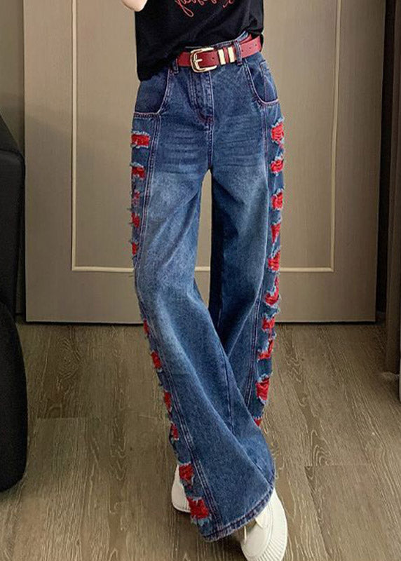 Blue Patchwork Hole Wide Leg Jeans Spring