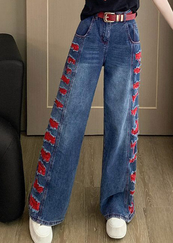 Blue Patchwork Hole Wide Leg Jeans Spring
