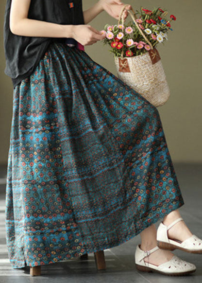 Blue Patchwork Print a Line Fall Ramie Skirts