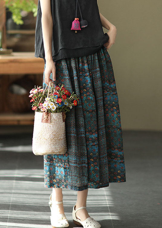 Blue Patchwork Print a Line Fall Ramie Skirts