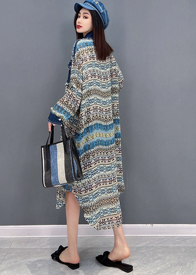 Blue Peter Pan Collar Denim Patchwork Chiffon Shirt Dress Long Sleeve
