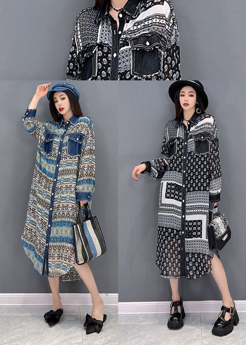 Blue Peter Pan Collar Denim Patchwork Chiffon Shirt Dress Long Sleeve