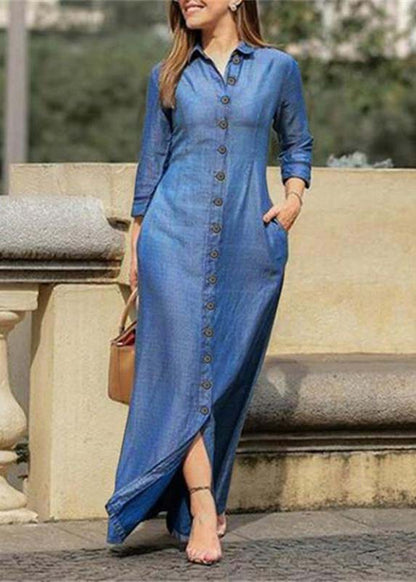 Blue Peter Pan Collar Oversized Denim Maxi Dresses Spring