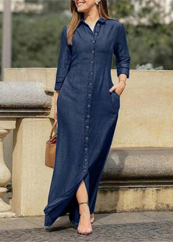 Blue Peter Pan Collar Oversized Denim Maxi Dresses Spring