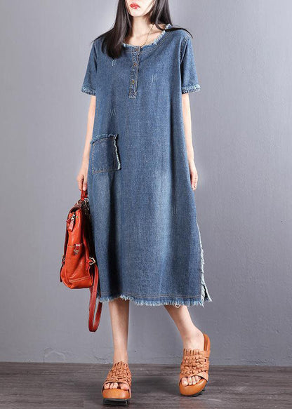Blue Pockets Button Fall Denim Short Sleeve Party Dress