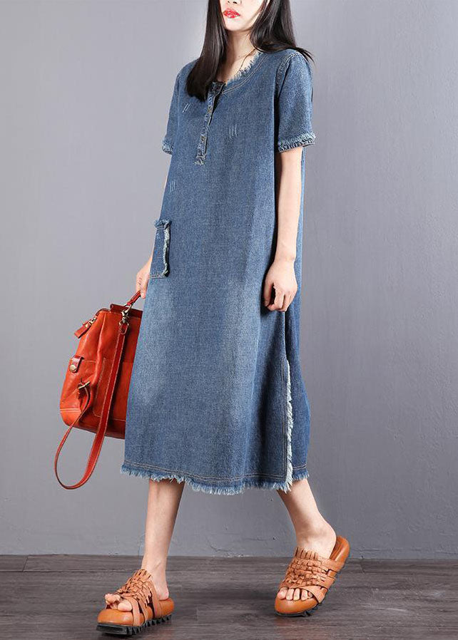 Blue Pockets Button Fall Denim Short Sleeve Party Dress
