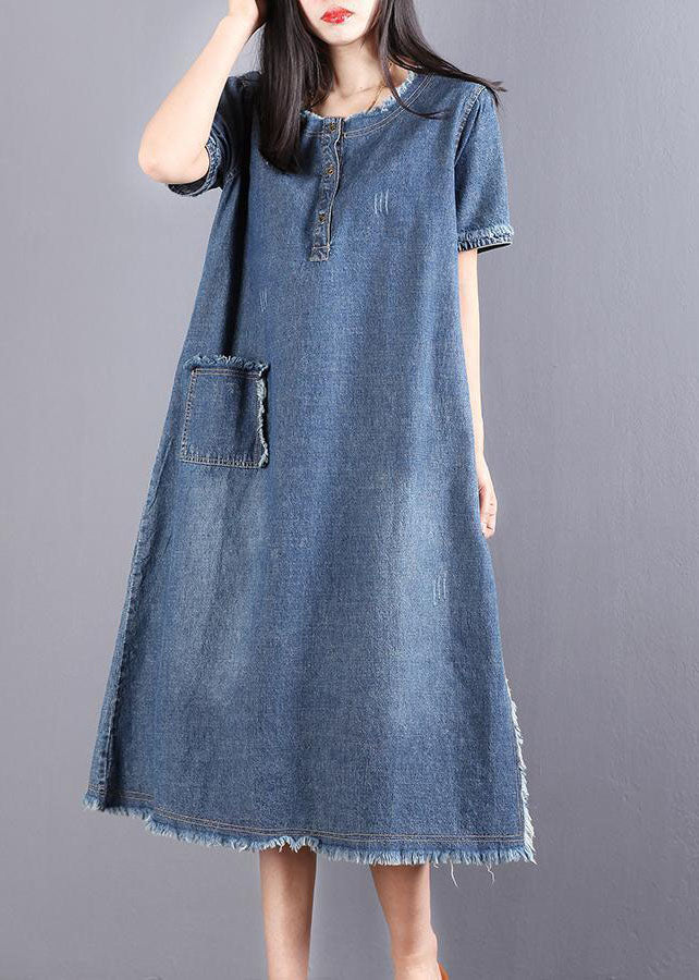 Blue Pockets Button Fall Denim Short Sleeve Party Dress