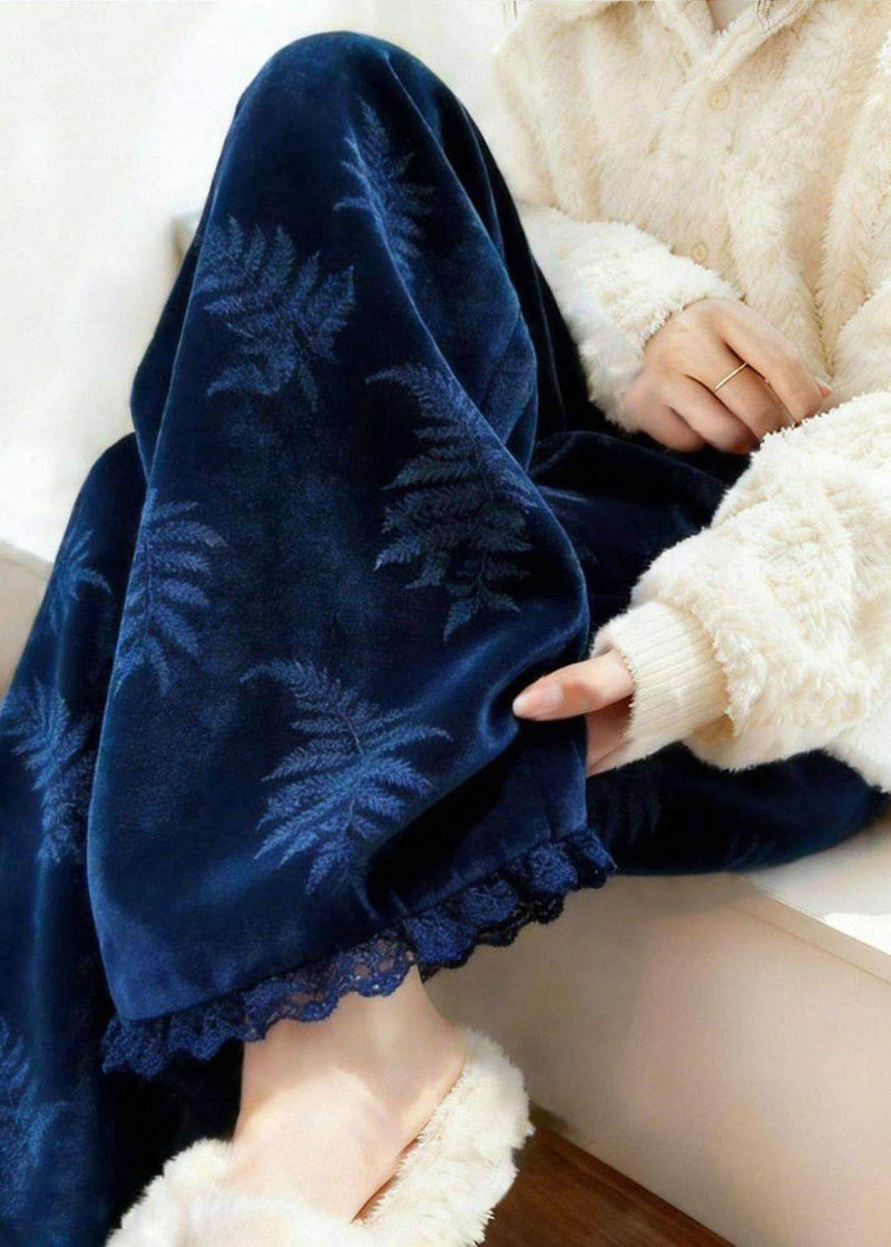 Blue Pockets Lace Patchwork Silk Velvet Fleece Straight Pants Spring