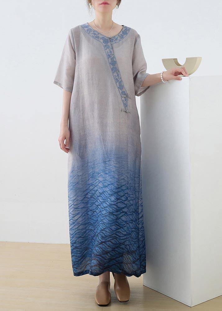Blue Print Embroidery Oriental Mid Summer Linen Dress