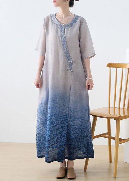 Blue Print Embroidery Oriental Mid Summer Linen Dress