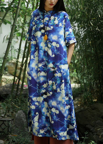 Blue Print Pockets Linen Long Dresses Short Sleeve