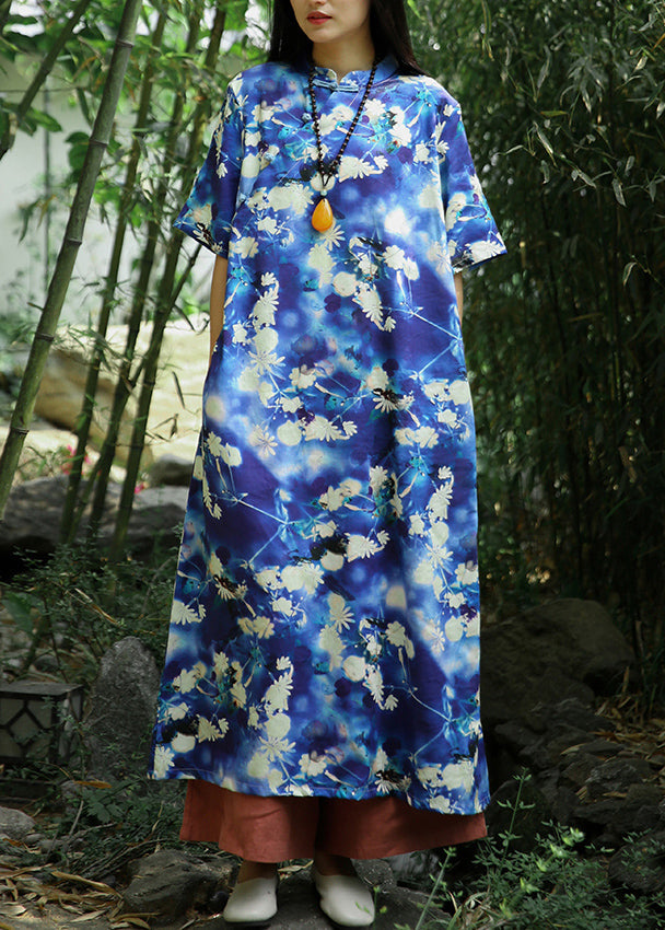 Blue Print Pockets Linen Long Dresses Short Sleeve