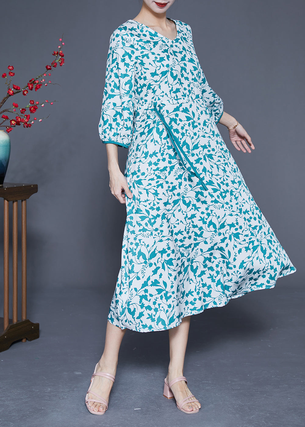 Blue Print Tie Waist Pockets Silk Dress Bracelet Sleeve