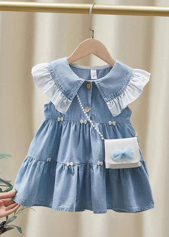 Blue Ruffled Patchwork Denim Kids Long Dress Summer