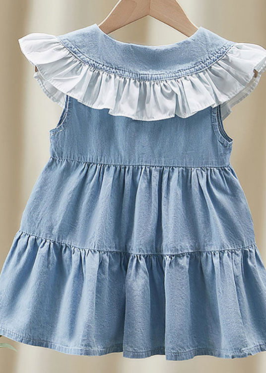 Blue Ruffled Patchwork Denim Kids Long Dress Summer