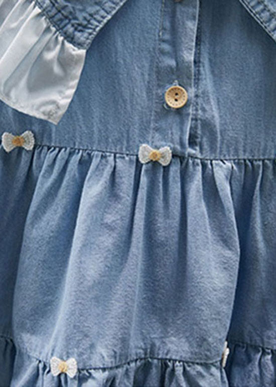 Blue Ruffled Patchwork Denim Kids Long Dress Summer