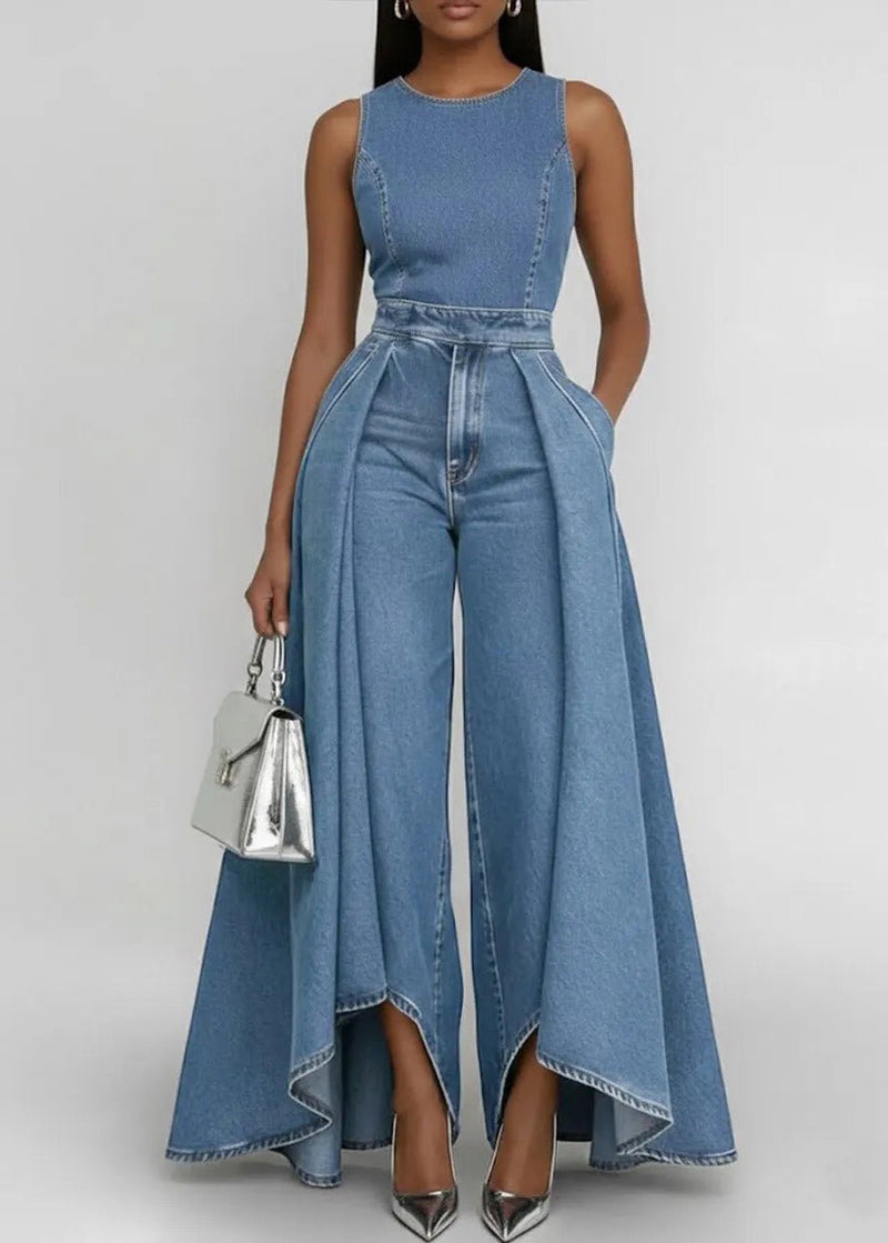 Blue Silm Fit Patchwork Denim Wide Leg Pant Jumpsuit Sleeveless