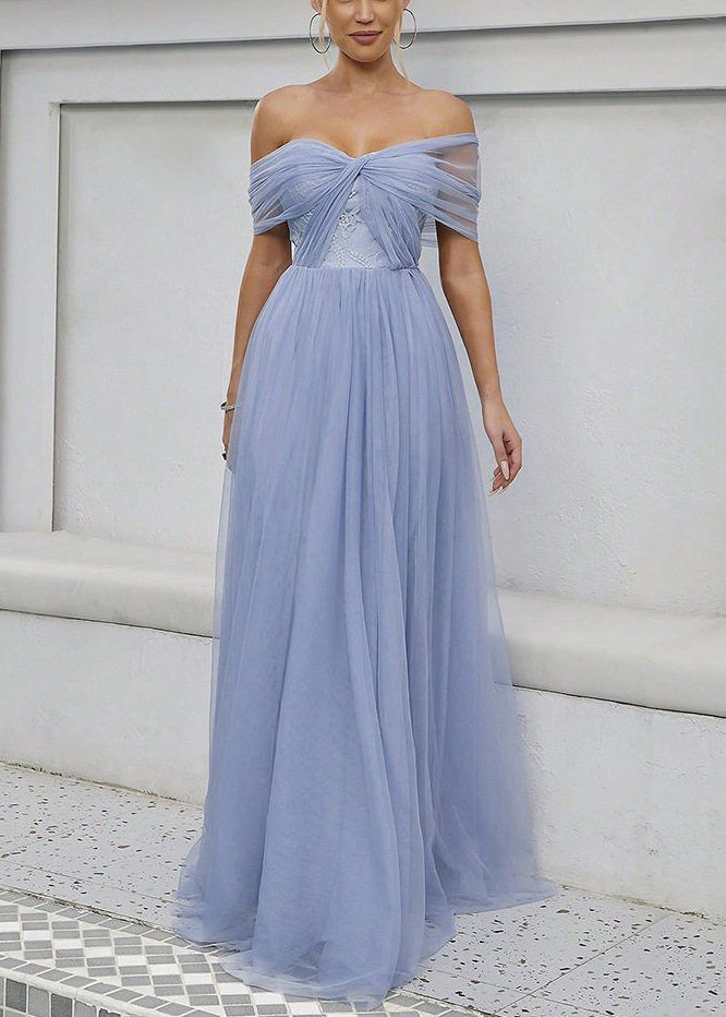Blue Slash Neck High Waist Tulle Maxi Dress Summer