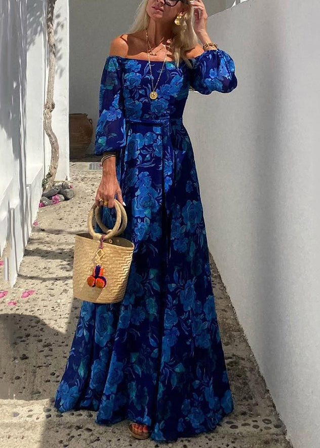 Blue Slash Neck Print Cotton Maxi Dress Bracelet Sleeve