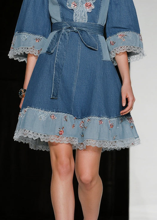 Blue Tie Waist Patchwork Lace Denim Day Dress Summer
