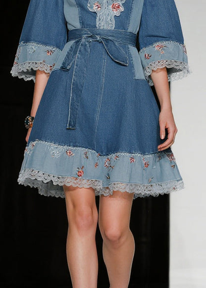 Blue Tie Waist Patchwork Lace Denim Day Dress Summer
