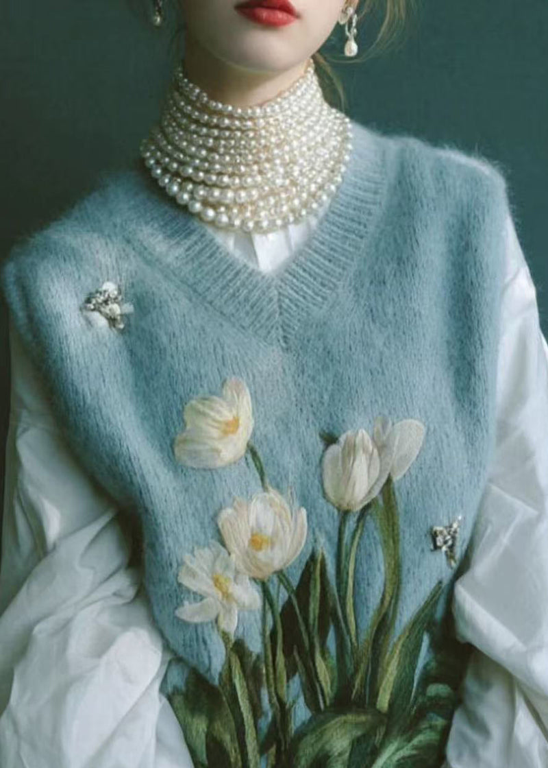 Blue V Neck Embroidered Knit Vest Sleeveless