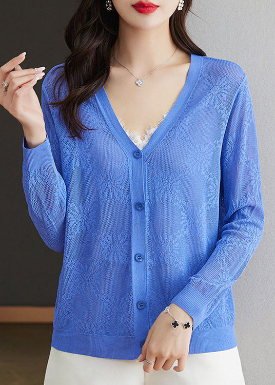 Blue V Neck Hollow Out Patchwork Thin Knit Cardigan Fall
