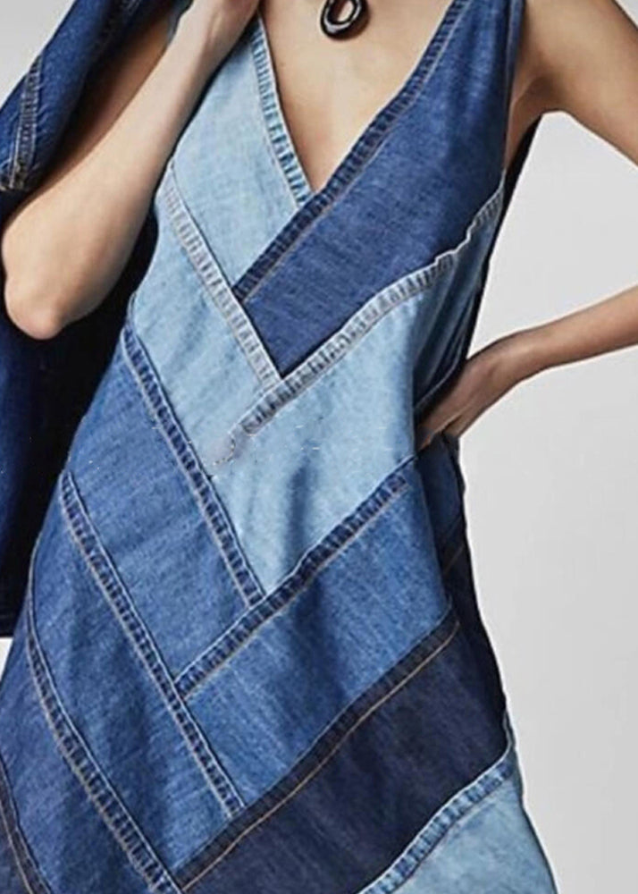 Blue V Neck Patchwork Denim Dress Sleeveless