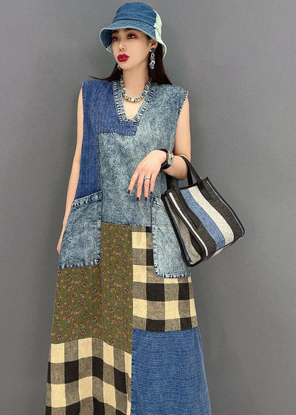 Blue V Neck Pockets Patchwork Plaid Cotton Denim Long Dresses Sleeveless