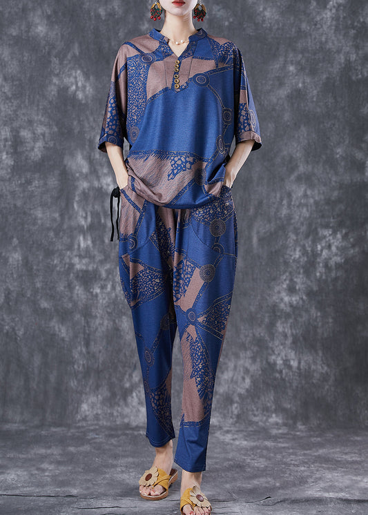 Blue V Neck Print Cotton Two Piece Set Outfits Summer