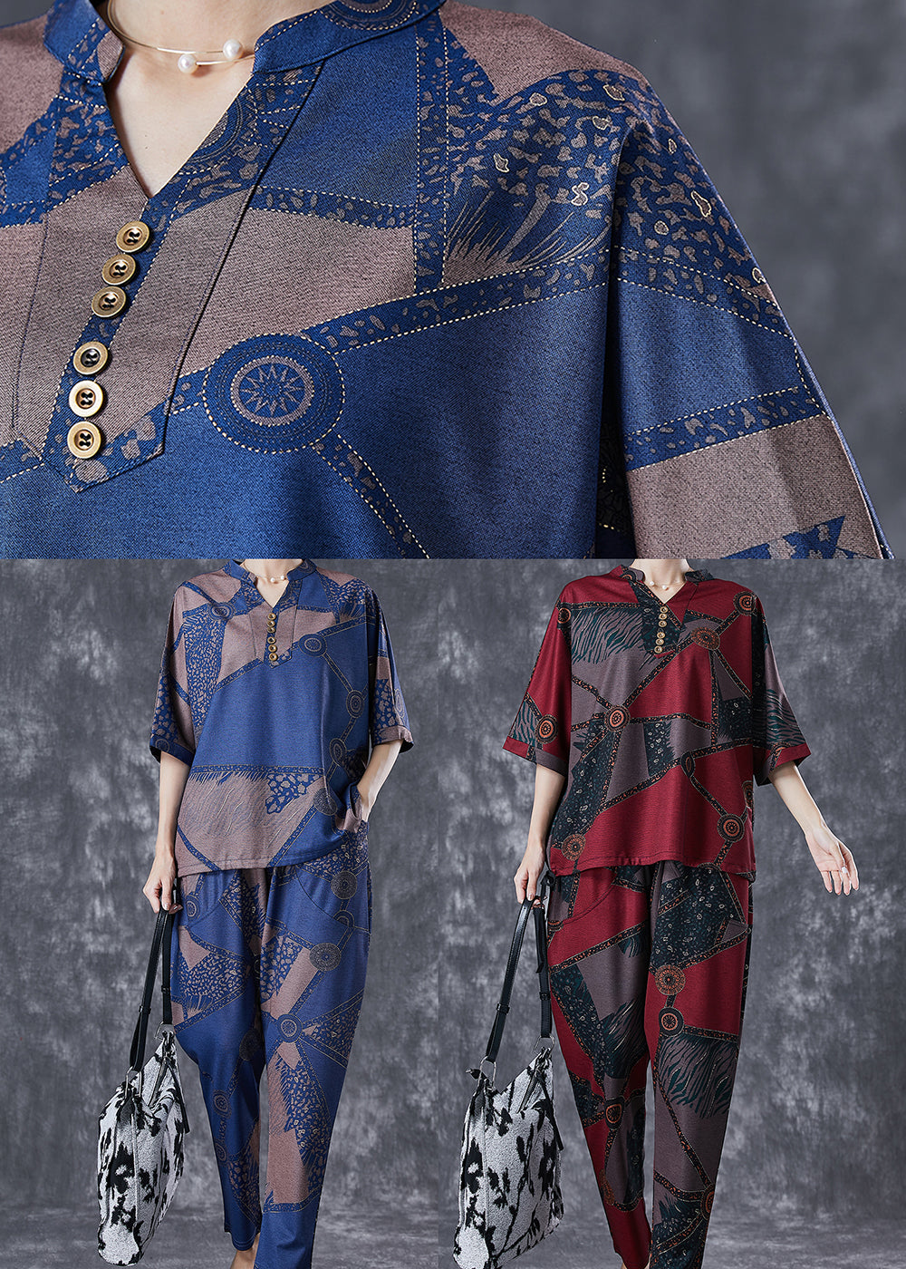 Blue V Neck Print Cotton Two Piece Set Outfits Summer