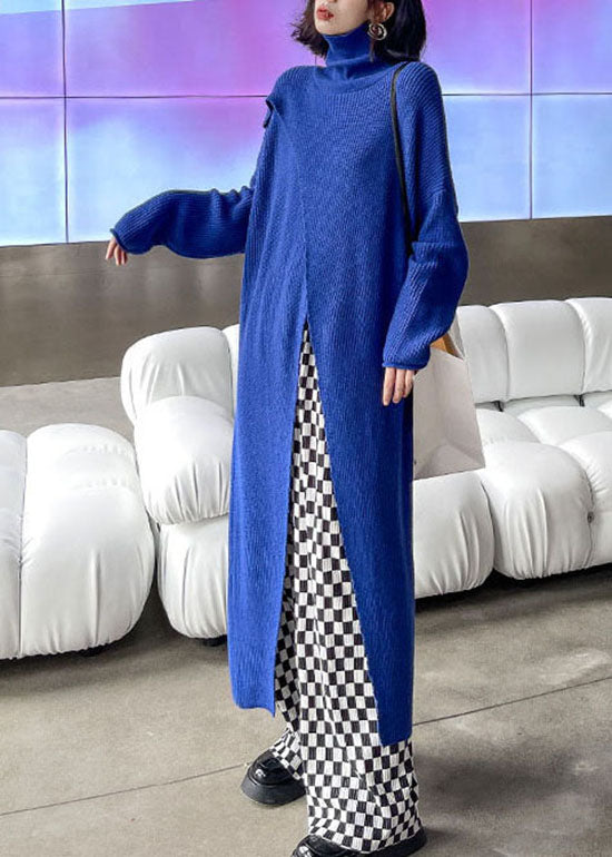 Blue Asymmetrical Design Turtle Neck Knit Holiday Dress Spring