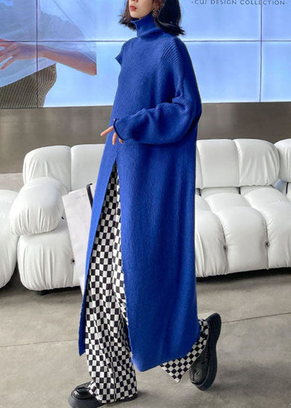 Blue Asymmetrical Design Turtle Neck Knit Holiday Dress Spring