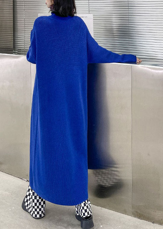 Blue Asymmetrical Design Turtle Neck Knit Holiday Dress Spring