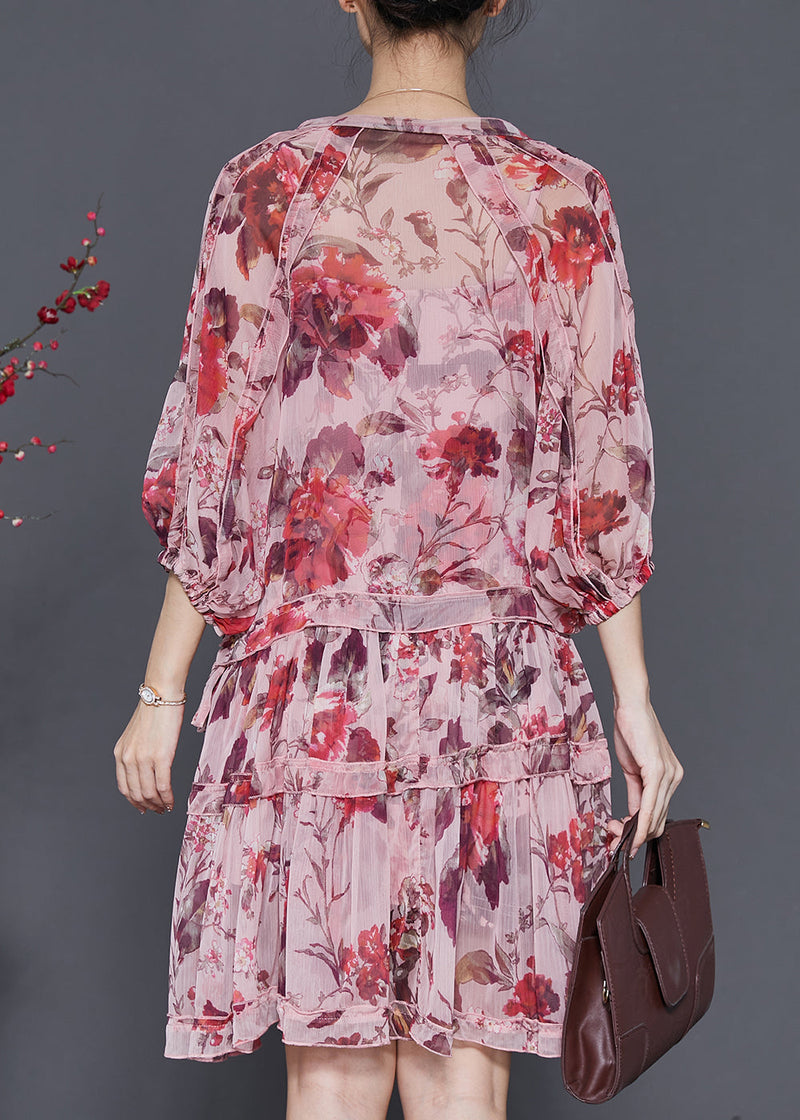 Brick Red Print Chiffon Vacation Dress Lantern Sleeve