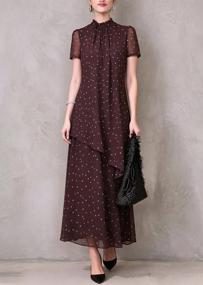 Brown Red Asymmetrical Dot Print Maxi Dresses Short Sleeve
