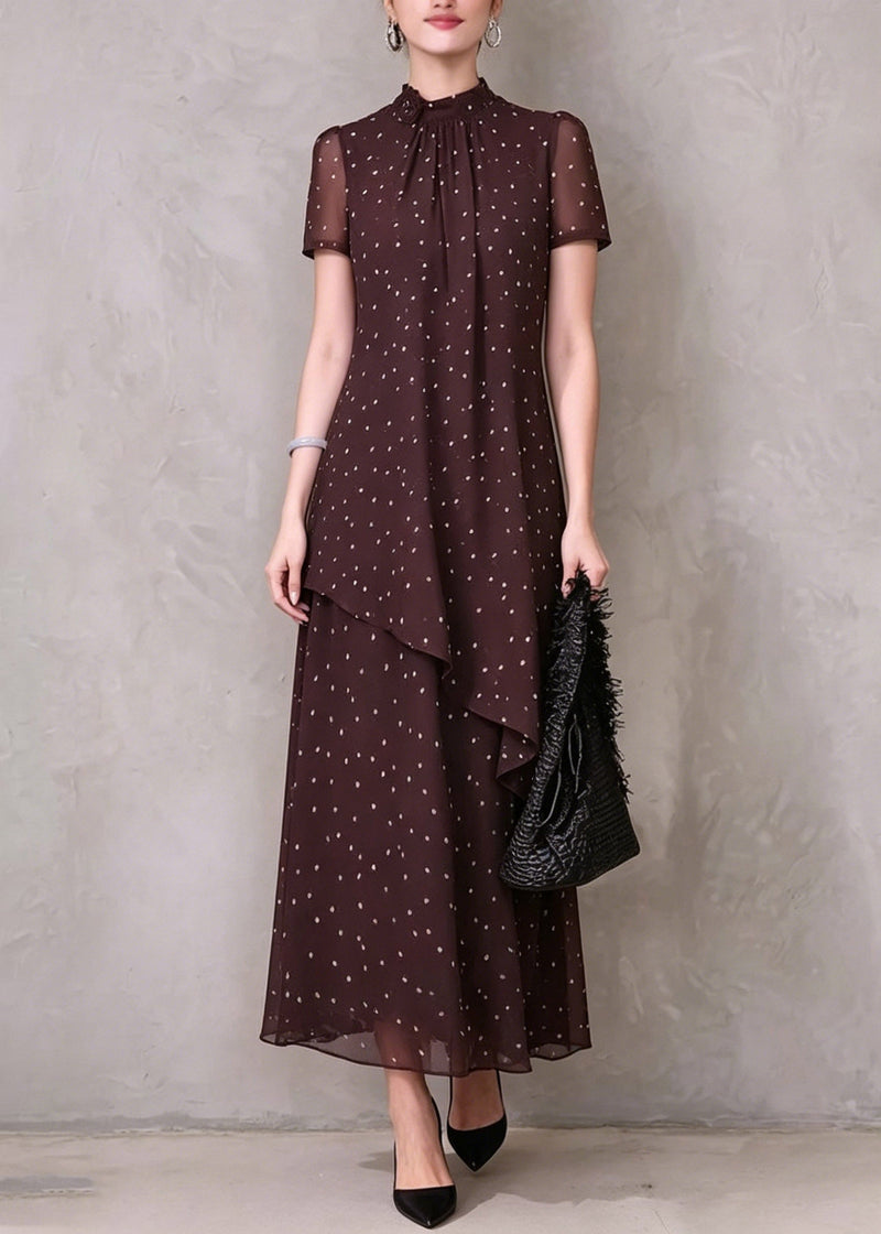 Brown Red Asymmetrical Dot Print Maxi Dresses Short Sleeve
