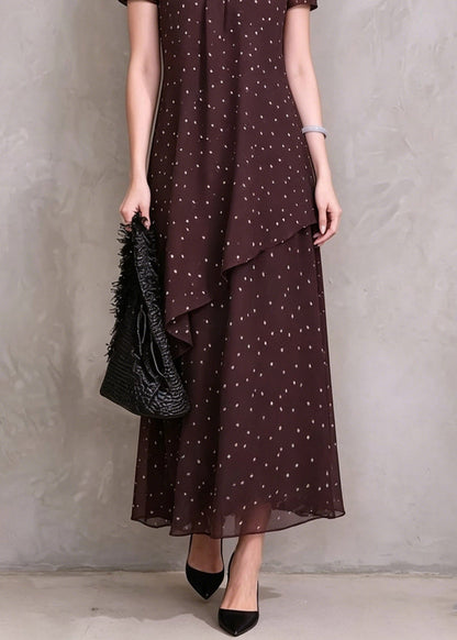 Brown Red Asymmetrical Dot Print Maxi Dresses Short Sleeve